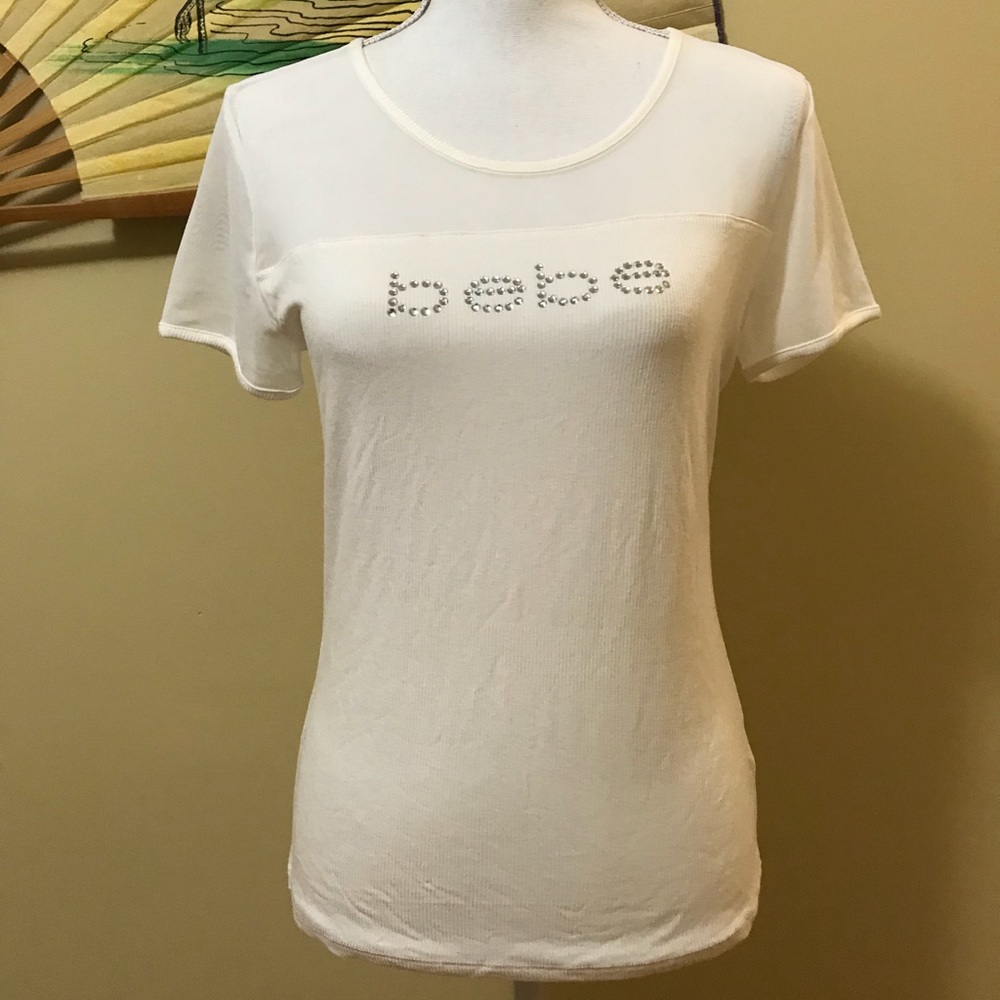 Bebe rhinestone logo mesh tee shirt L